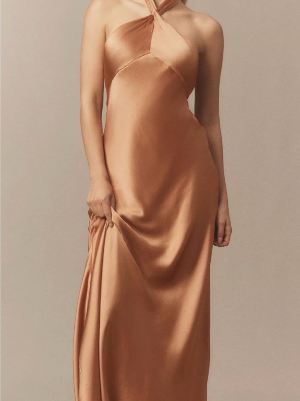 BHLDN Selma Halter-Neck High-Shine Satin Maxi Dress copper xs 2 Anthropologie
